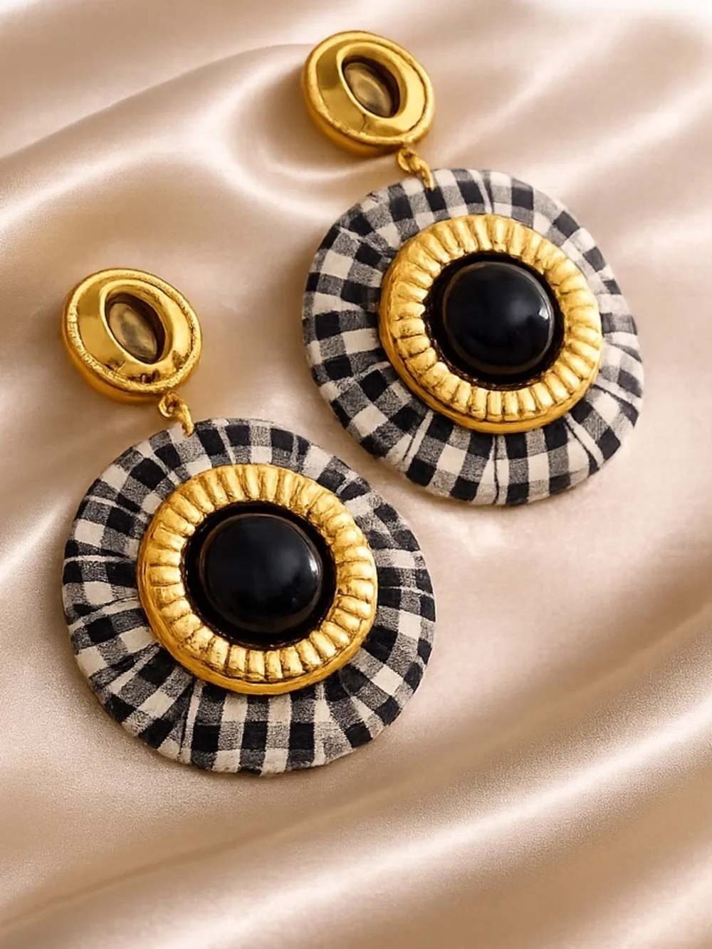Parisian Chic Gingham Black Gold Earrings